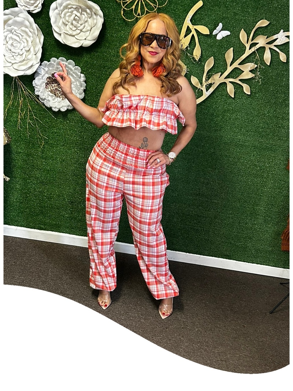 Plaid Two-Piece Strapless Jumpsuit Set - Red
